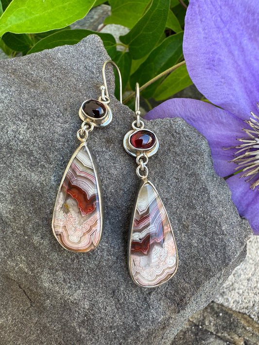 Handmade sterling silver garnet and crazy lace agate drop earrings, front view