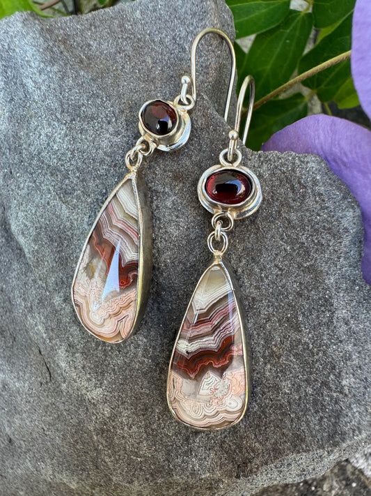 Handmade sterling silver garnet and crazy lace agate drop earrings, alternate view
