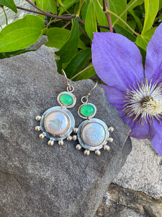 Handmade sterling silver coin pearl and chrysoprase drop earrings, front view