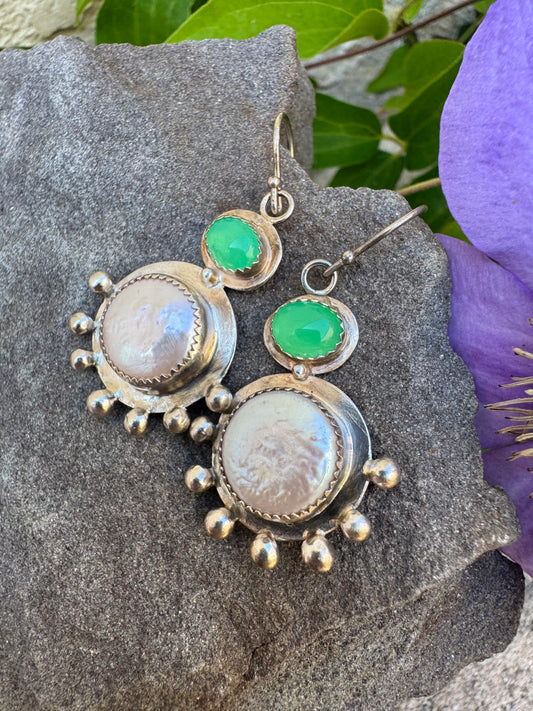 Handmade sterling silver coin pearl and chrysoprase drop earrings, alternate view