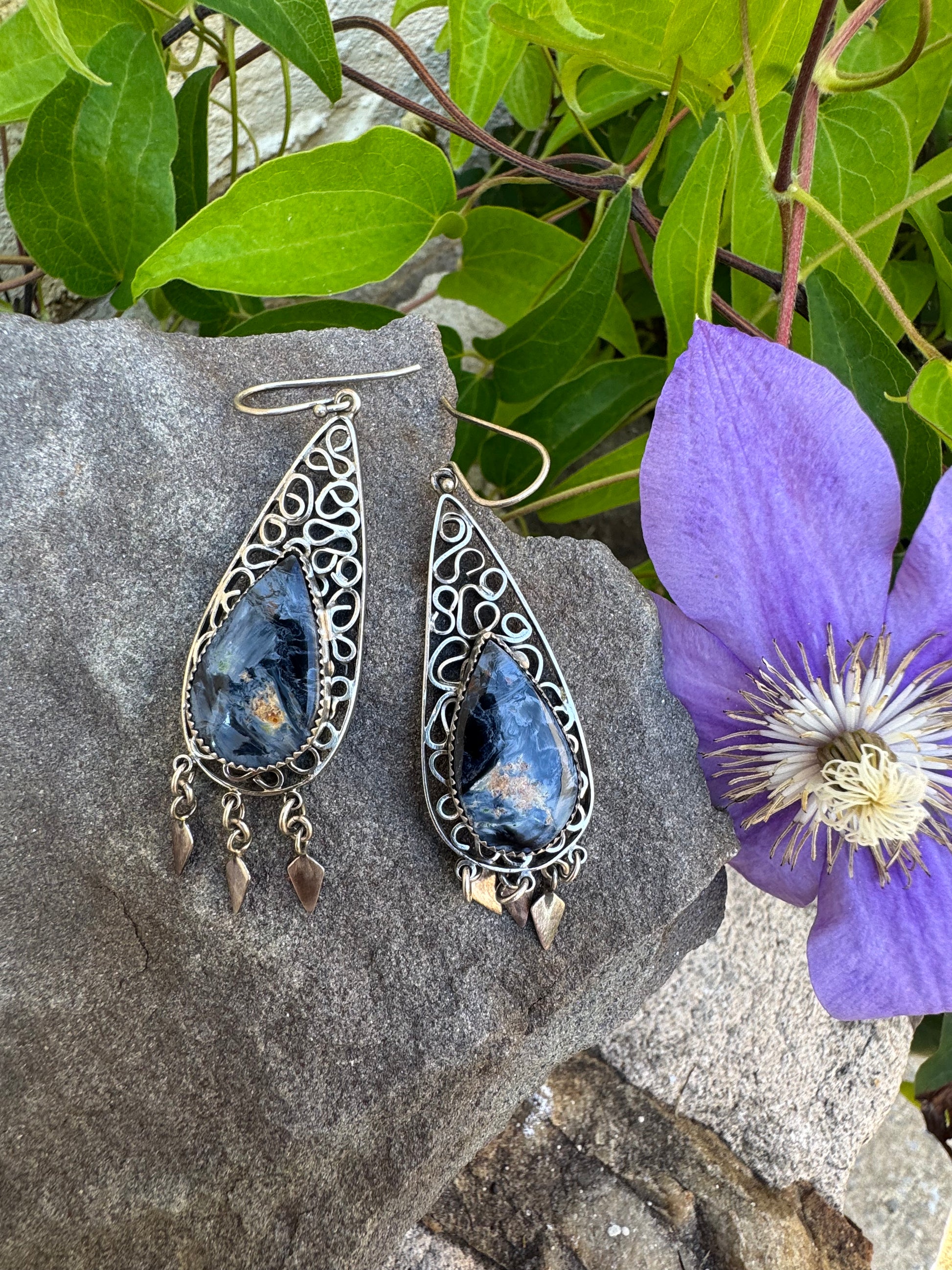Handmade sterling silver pietersite filigree drop earrings, additional view