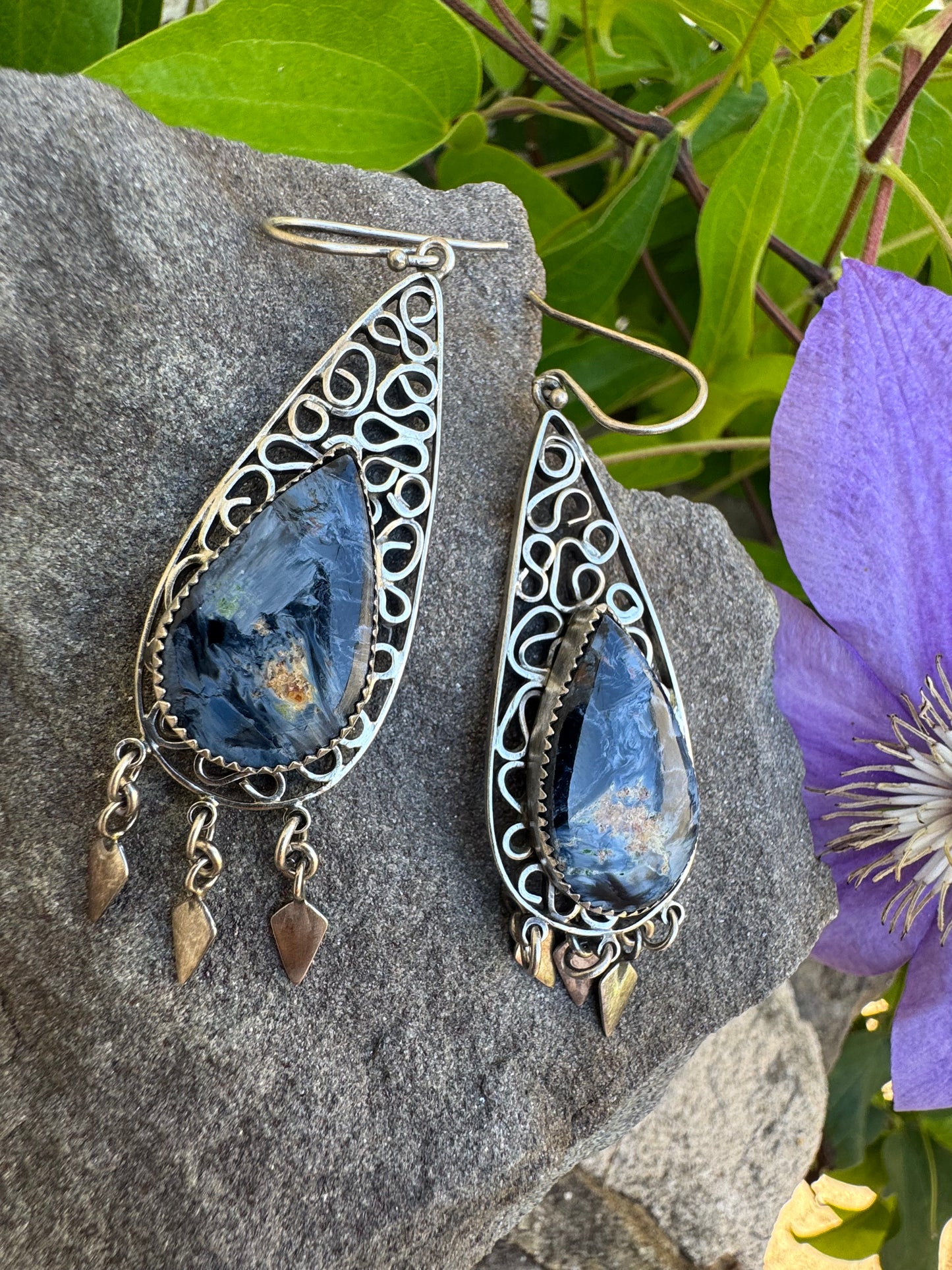 Handmade sterling silver pietersite filigree drop earrings, additional view