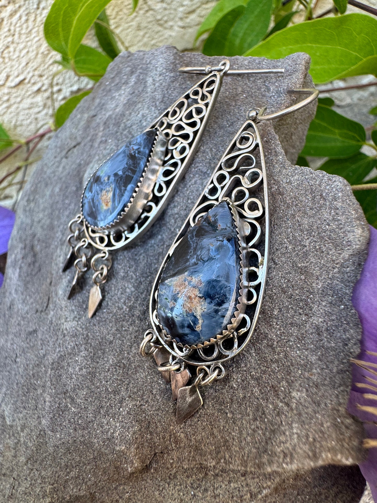 Handmade sterling silver pietersite filigree drop earrings, close-up view