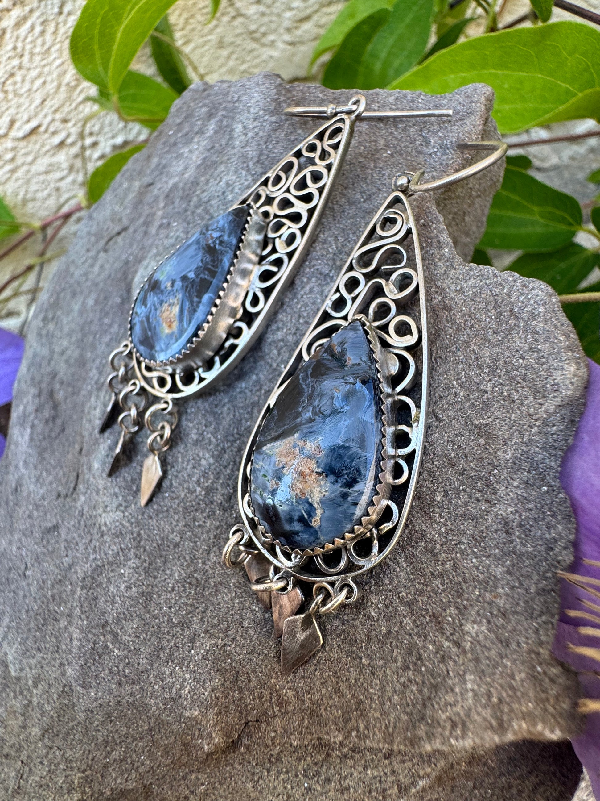 Handmade sterling silver pietersite filigree drop earrings, close-up view