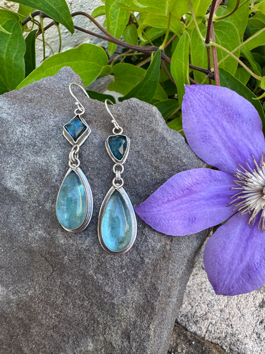 Handmade sterling silver mixed-cut kyanite and aquamarine drop earrings, alternate view