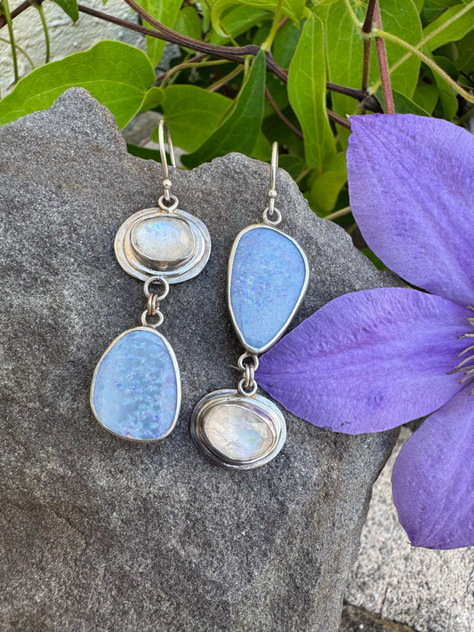 Handmade sterling silver Australian opal and moonstone drop earrings, front view