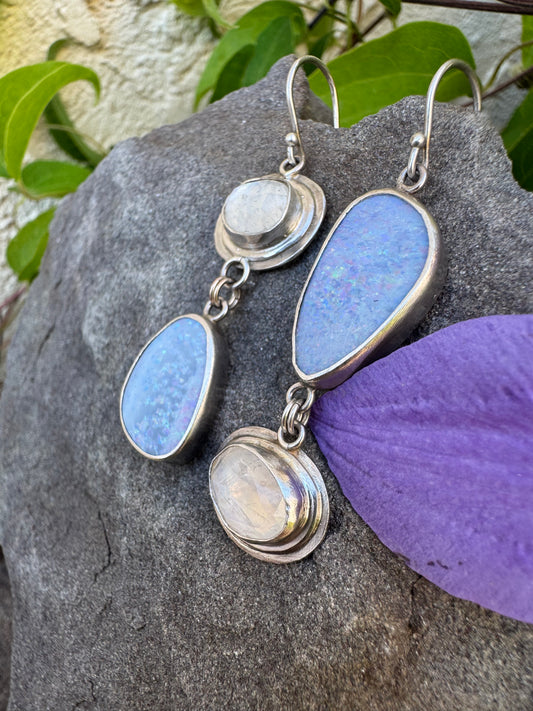Handmade sterling silver Australian opal and moonstone drop earrings, alternate view