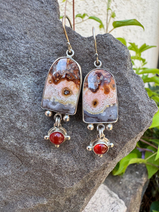 Handmade sterling silver crazy lace agate and carnelian drop earrings, front view