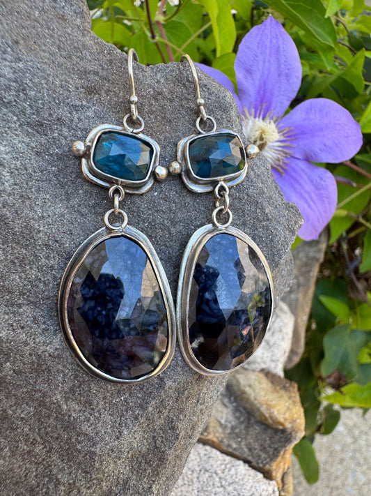 Handmade sterling silver kyanite and sapphire tonal blue drop earrings, front view