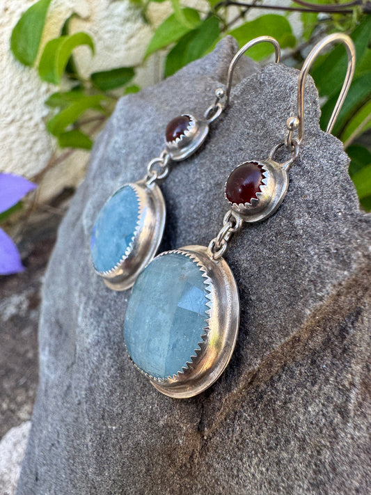 Handmade sterling silver amber and aquamarine drop earrings, alternate view