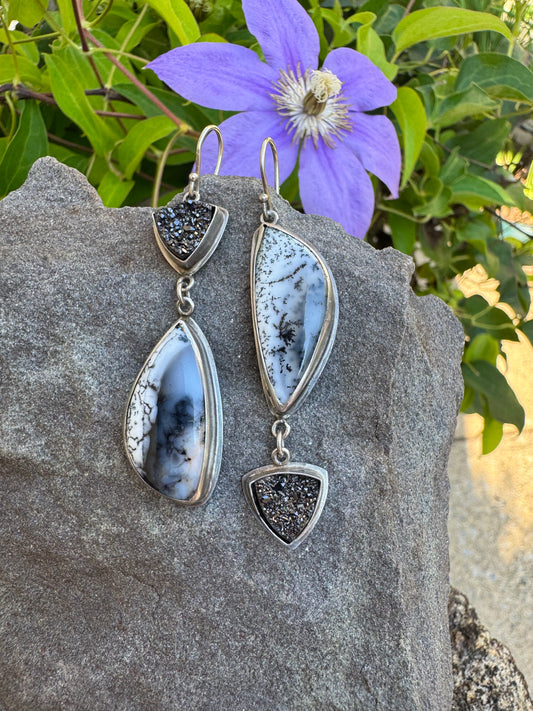 Handmade sterling silver dendritic agate and black druzy drop earrings, front view