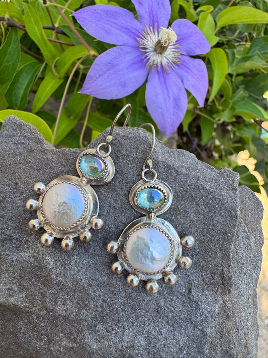Handmade sterling silver coin pearl and london blue topaz drop earrings, front view