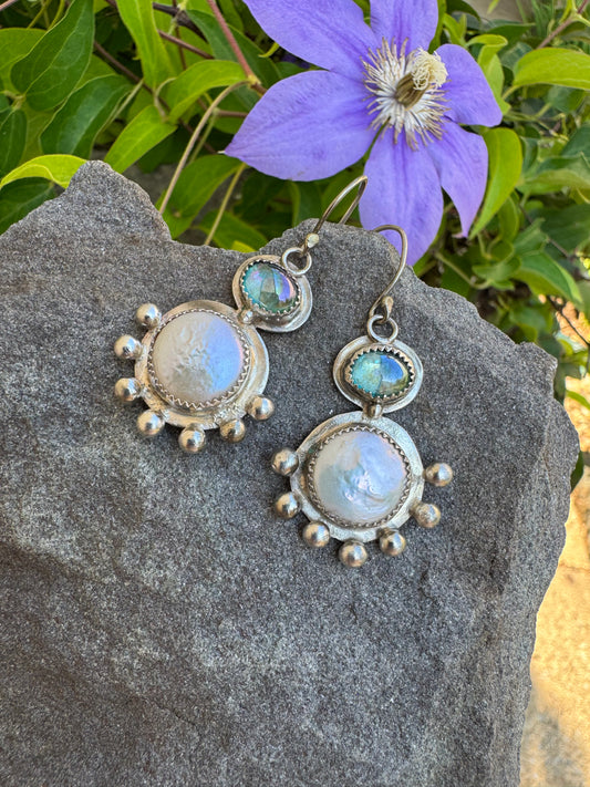 Handmade sterling silver coin pearl and london blue topaz drop earrings, alternate view