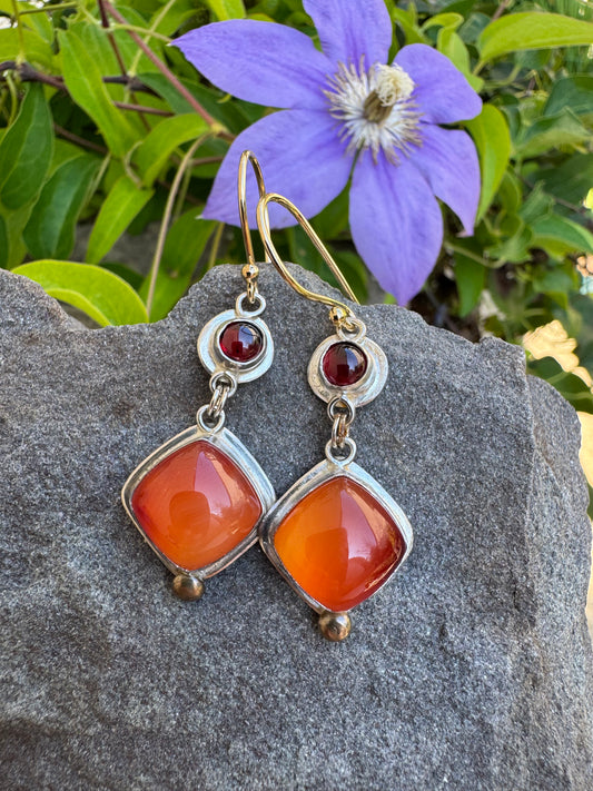 Handmade sterling silver garnet and carnelian drop earrings, front view