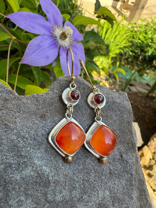 Handmade sterling silver garnet and carnelian drop earrings, alternate view