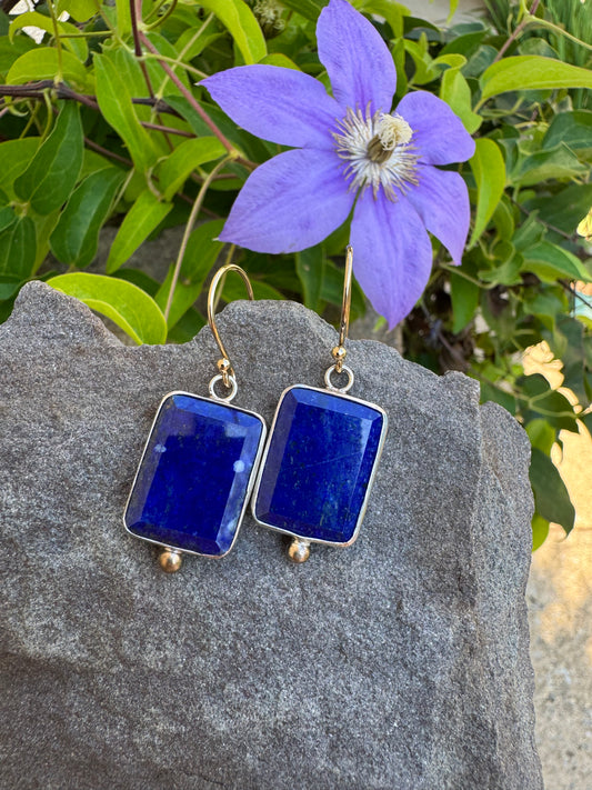 Handmade sterling silver lapis lazuli drop earrings, front view