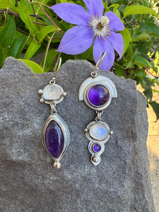 Handmade sterling silver rose-cut moonstone and amethyst drop earrings, front view