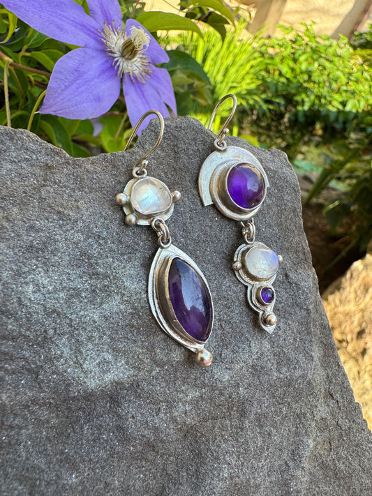 Handmade sterling silver rose-cut moonstone and amethyst drop earrings, alternate view