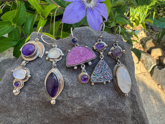 Handmade sterling silver rose-cut moonstone and amethyst drop earrings, detail view