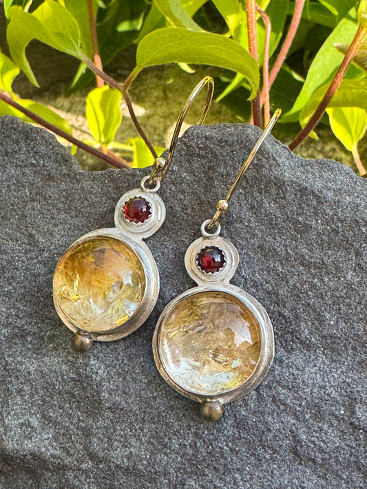 Handmade sterling silver garnet and citrine tiered drop earrings, front view