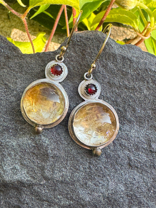 Handmade sterling silver garnet and citrine tiered drop earrings, alternate view