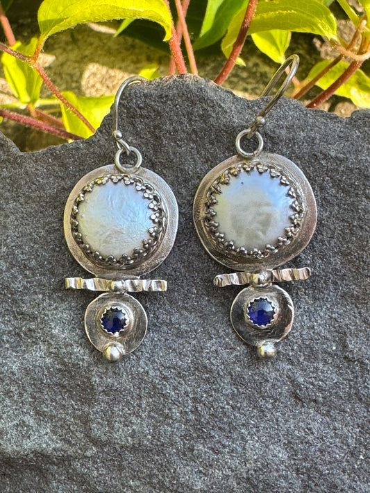 Handmade sterling silver coin pearl and sapphire drop earrings, front view
