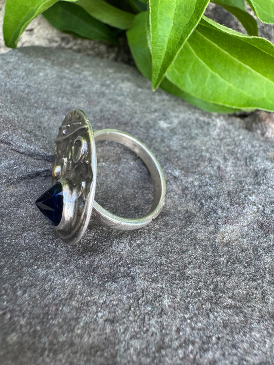 Handmade sterling silver rose-cut sapphire textured ring, alternate view