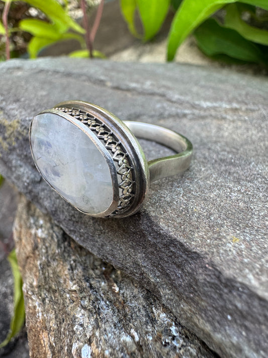 Handmade sterling silver wide moonstone oval ring in sterling silver with textured band, alternate view