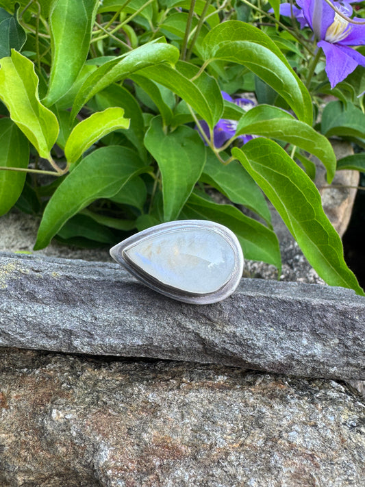 Handmade sterling silver moonstone teardrop ring, front view