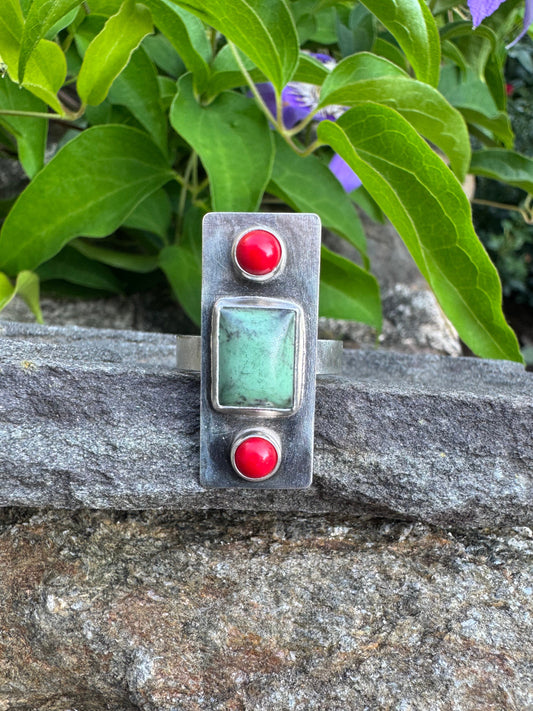 Handmade sterling silver coral and variscite bar ring, front view