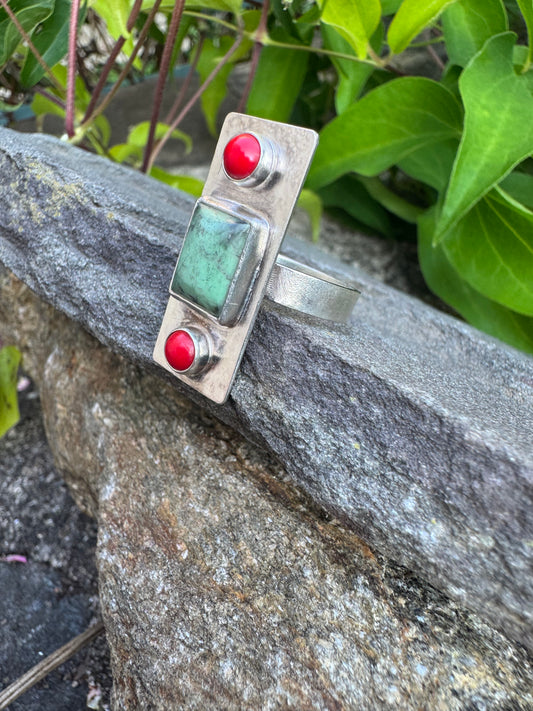 Handmade sterling silver coral and variscite bar ring, alternate view