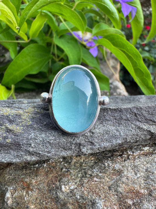 Handmade sterling silver aquamarine ring, front view