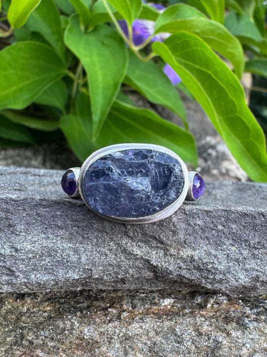 A sterling silver ring featuring a large oval dark blue tanzanite center stone