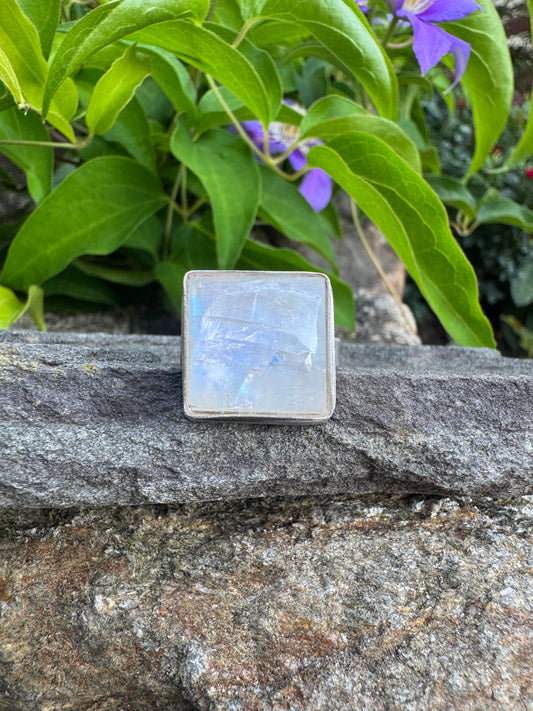 Handmade sterling silver moonstone square ring, front view