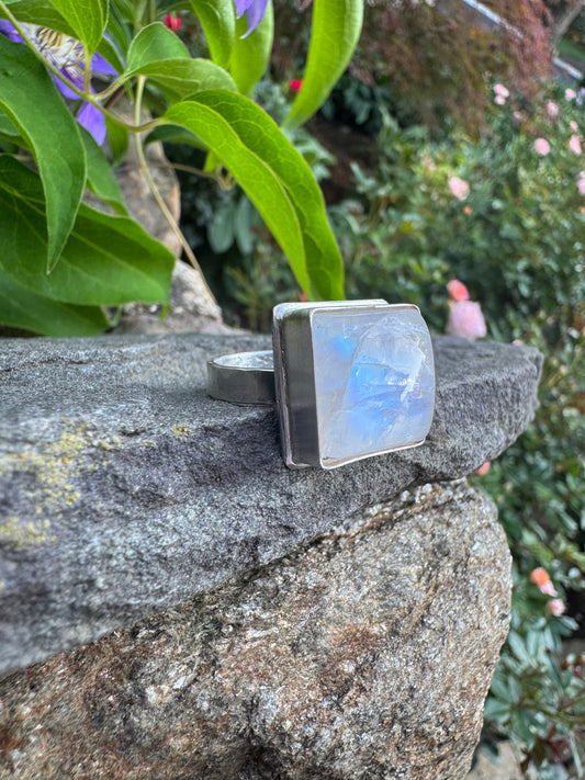 Handmade sterling silver moonstone square ring, alternate view
