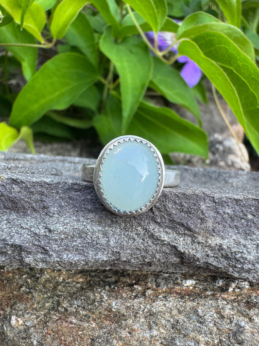 Handmade sterling silver milky aquamarine round ring, front view