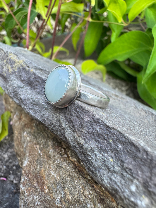 Handmade sterling silver milky aquamarine round ring, alternate view