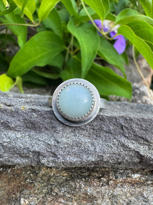 Handmade sterling silver aquamarine round ring, front view