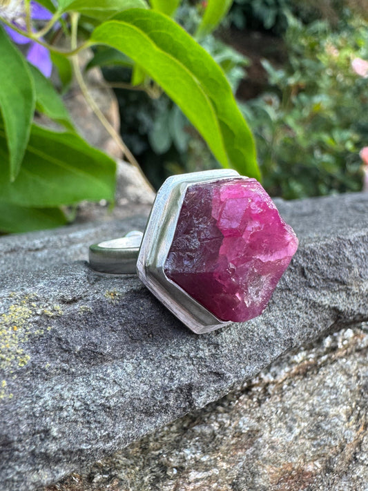 Handmade sterling silver rough ruby ring, front view