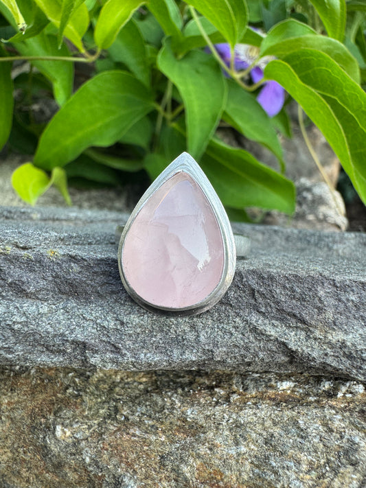 Handmade sterling silver rose quartz ring - small teardrop, front view