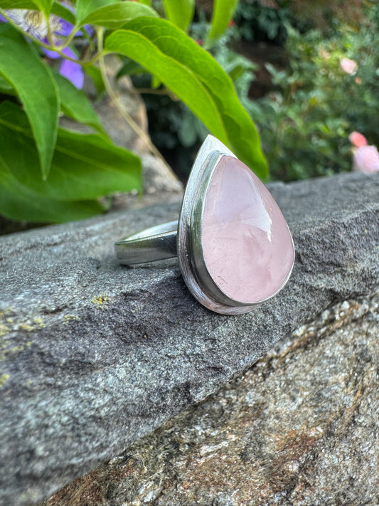 Handmade sterling silver rose quartz ring - small teardrop, alternate view