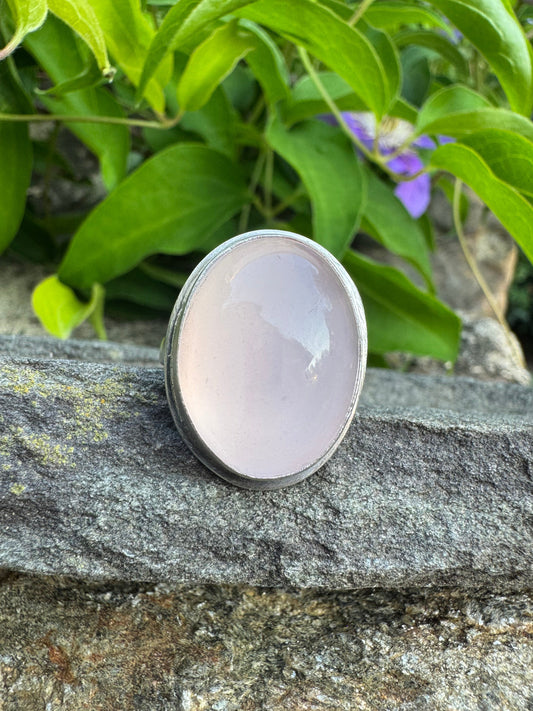 Handmade sterling silver rose quartz ring - oval, front view