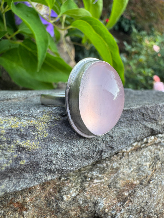 Handmade sterling silver rose quartz ring - oval, alternate view