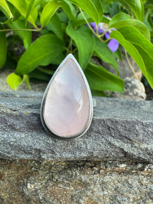 Handmade sterling silver large peach rose quartz teardrop ring, front view