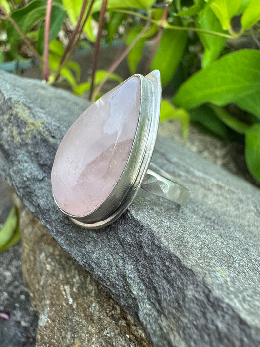 Handmade sterling silver large peach rose quartz teardrop ring, alternate view