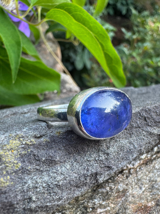Handmade sterling silver tanzanite ring, front view