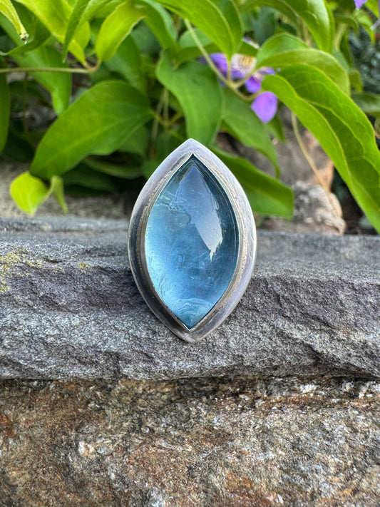 Handmade sterling silver aquamarine teardrop ring, front view