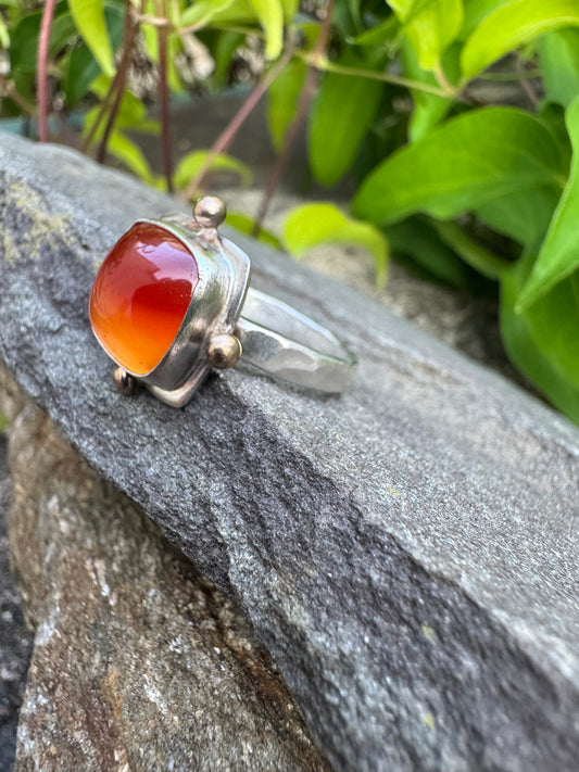 Handmade sterling silver carnelian ring with bronze detailing, alternate view