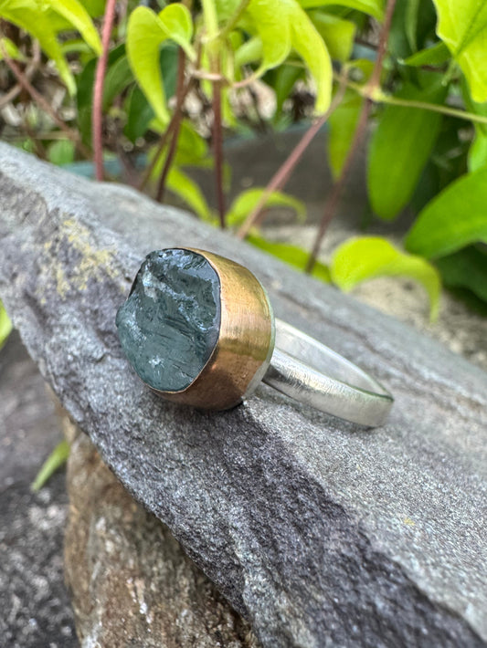 Handmade sterling silver rough aquamarine ring, front view