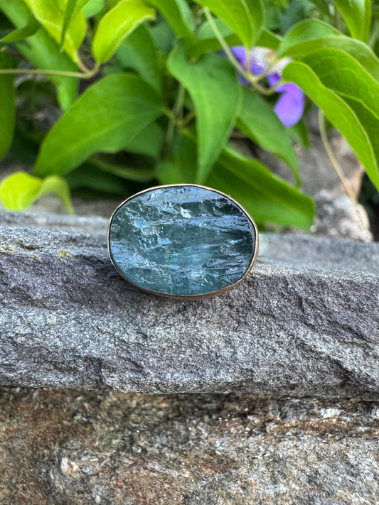 Handmade sterling silver rough aquamarine ring, alternate view